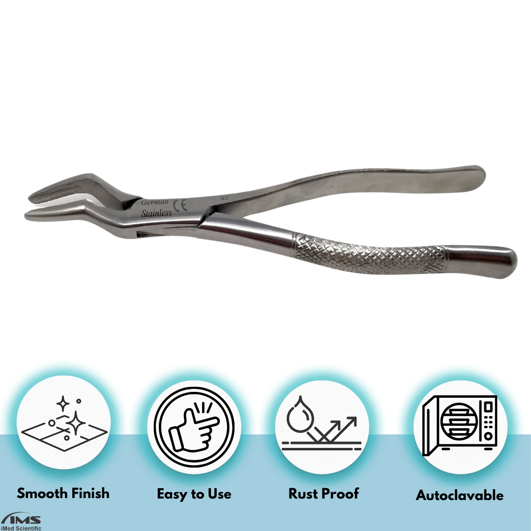 Dental Extracting Forceps #32 with Serrated Offset Beaks Stainless Steel Instrument