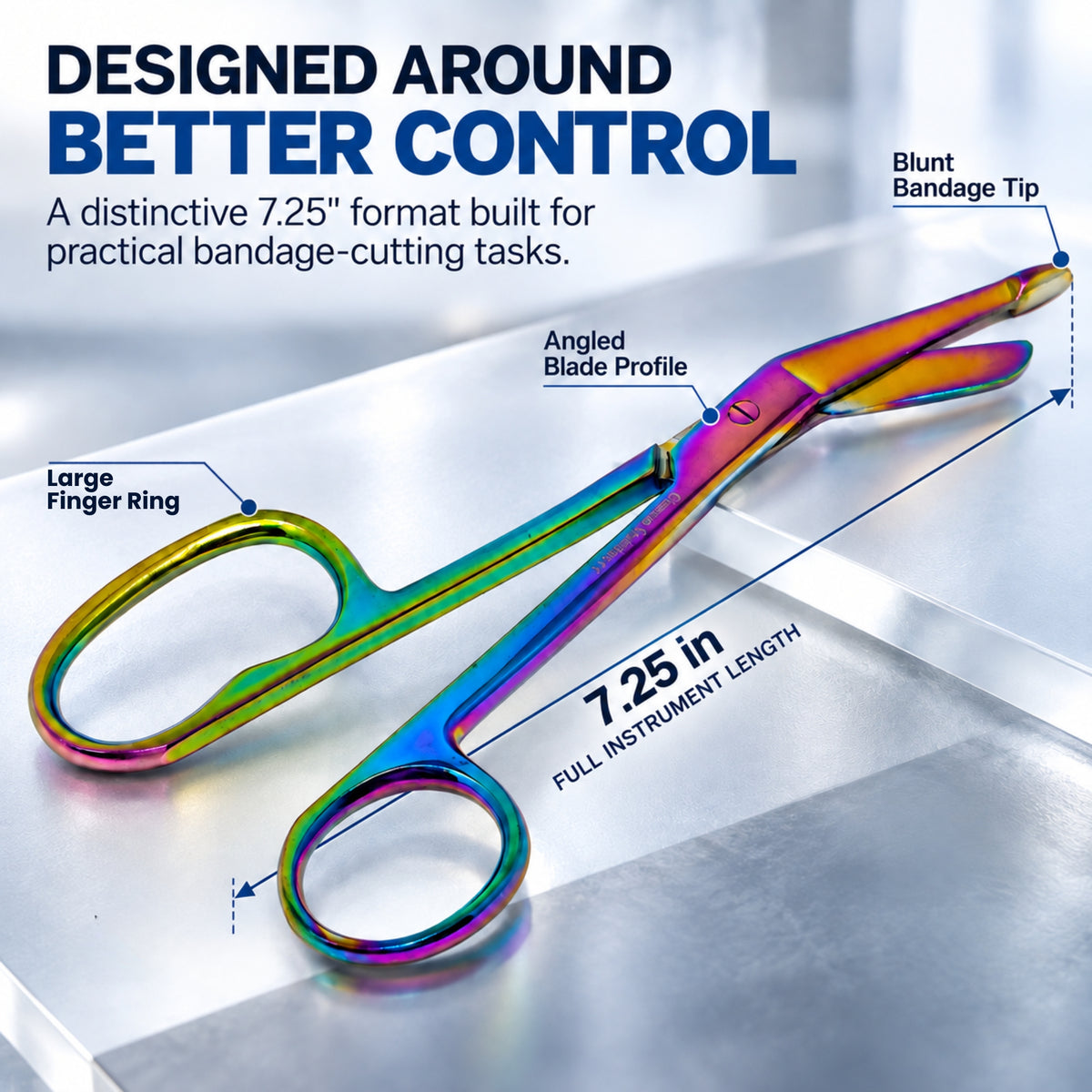 7.25" One Large Ring Nurse Bandage Scissors, Multi/Rainbow Color, German Steel