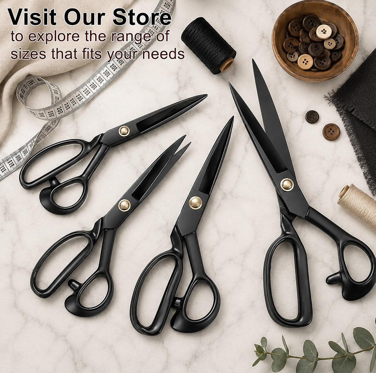Black Tailor Scissors 8”, Heavy Duty Fabric Dressmaking Sewing Shears, High Carbon Steel
