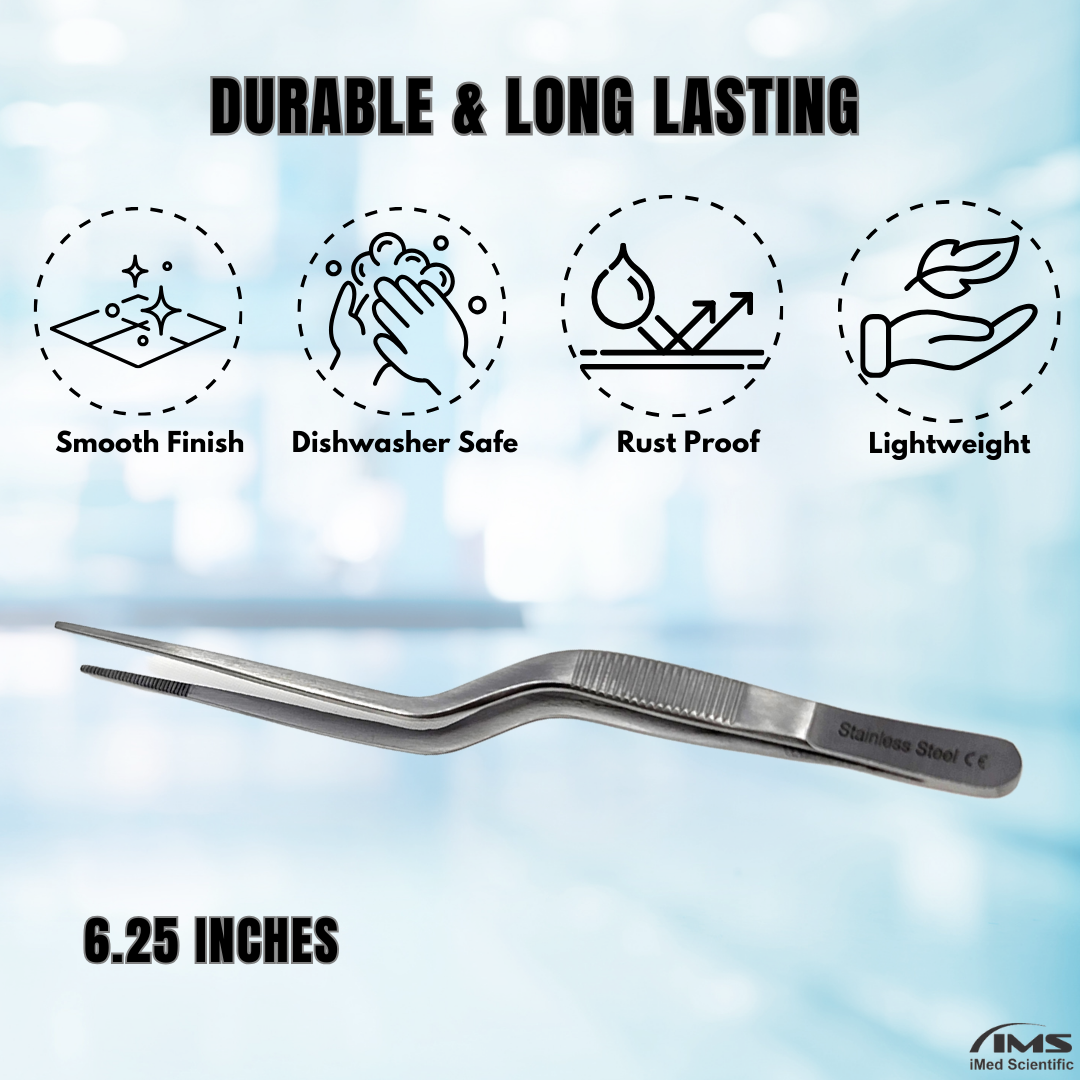 Stainless Steel Micro Surgical Forceps Offset Bayonet Handle Fine Serrated Points Lab Tweezers 6.25"