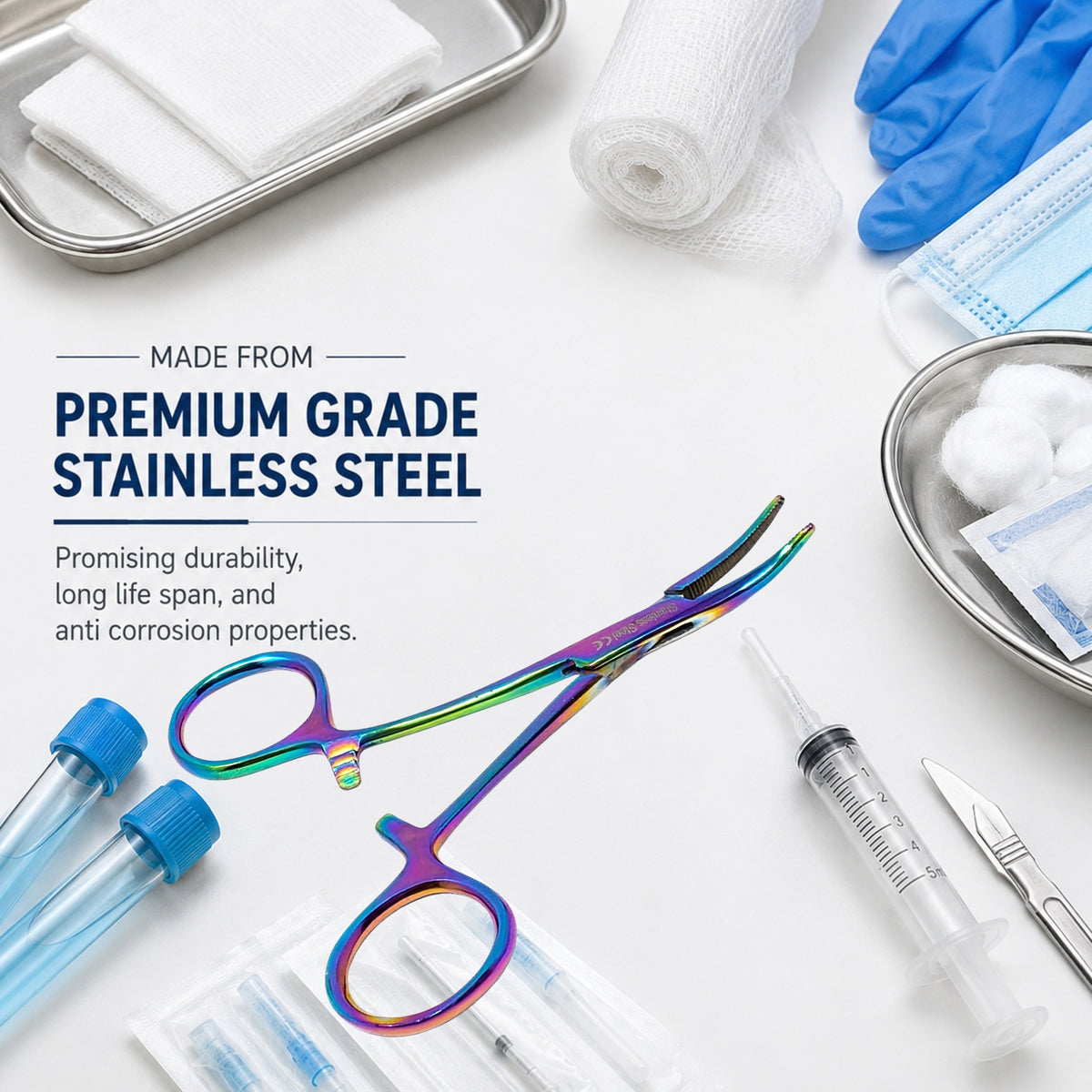 4" Hemostat Forceps, Curved Serrated, Stainless Steel, Multi