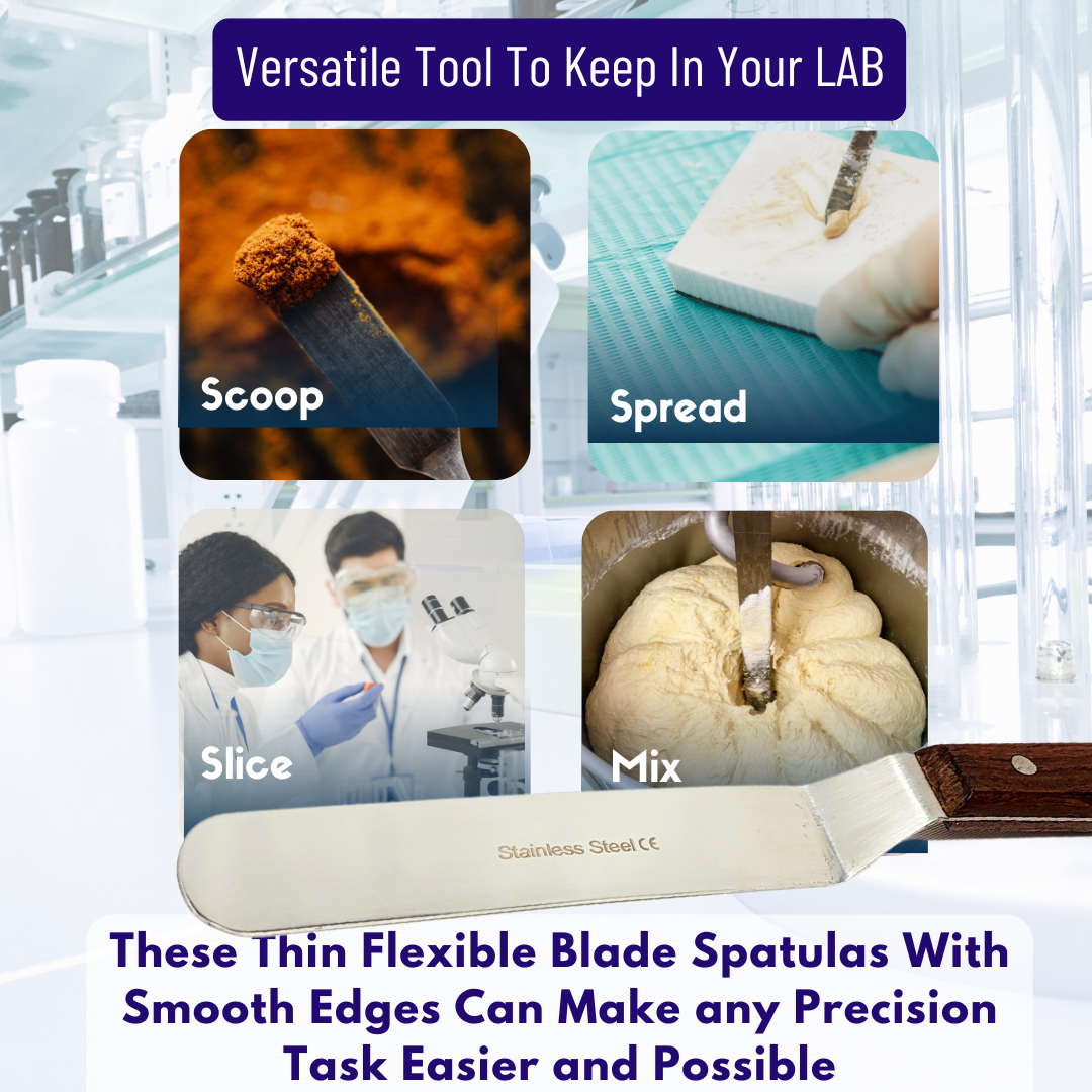 Stainless Steel Lab Spatula with Wooden Handle, 7" Offset Bayonet Blade, 11" Total Length