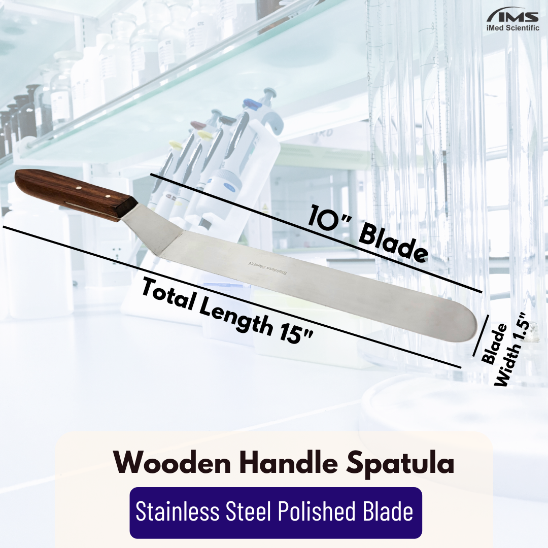 Stainless Steel Lab Spatula with Wooden Handle, 10" Offset Bayonet Blade, 15" Total Length