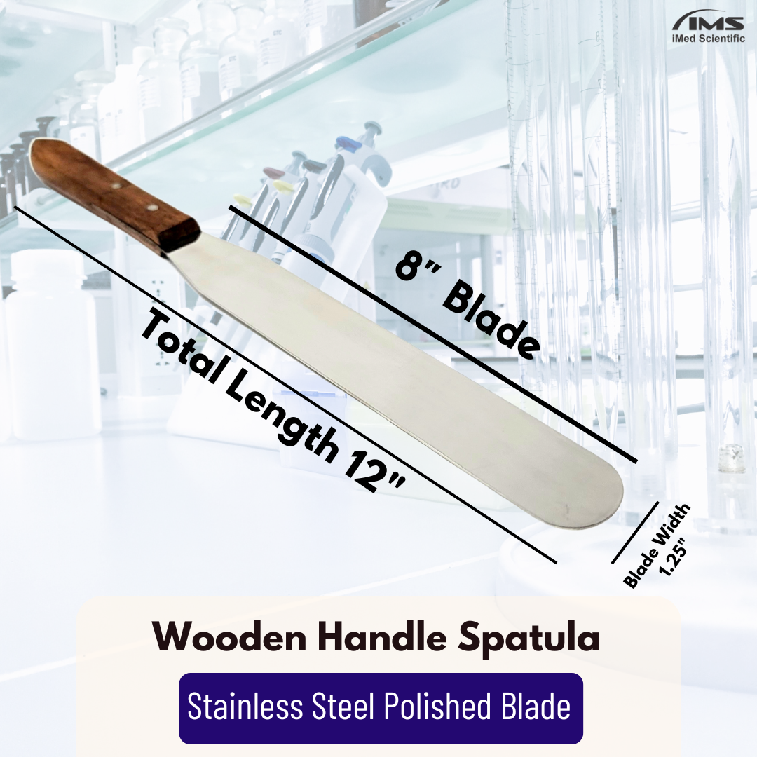IMS-WHS8 Stainless Steel Lab Spatula with Wooden Handle, 8" Blade, 1.25" Blade Width, 12.4" Total Length