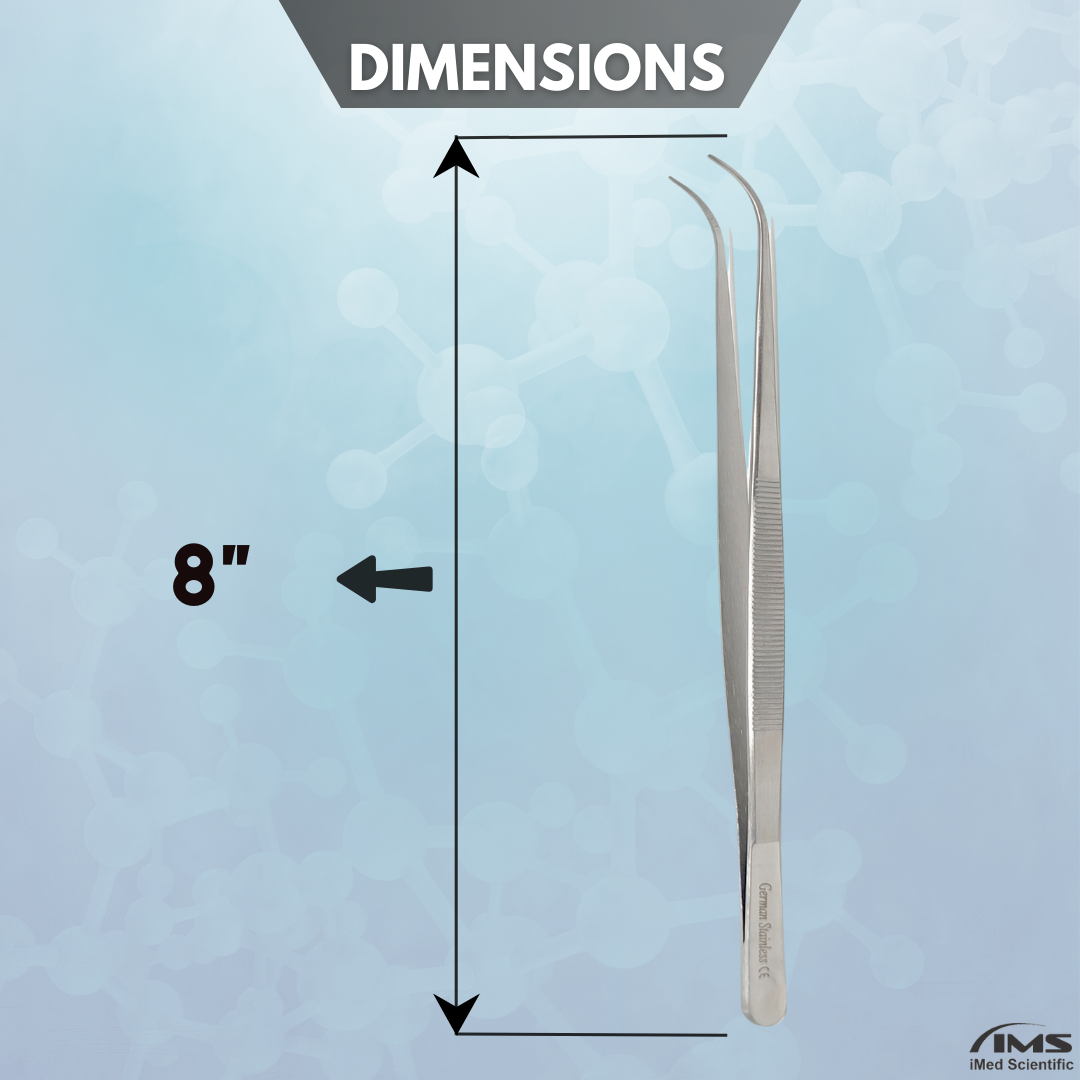 Stainless Steel Micro Surgical Forceps Curved Fine Serrated Points Lab Tweezers 8"