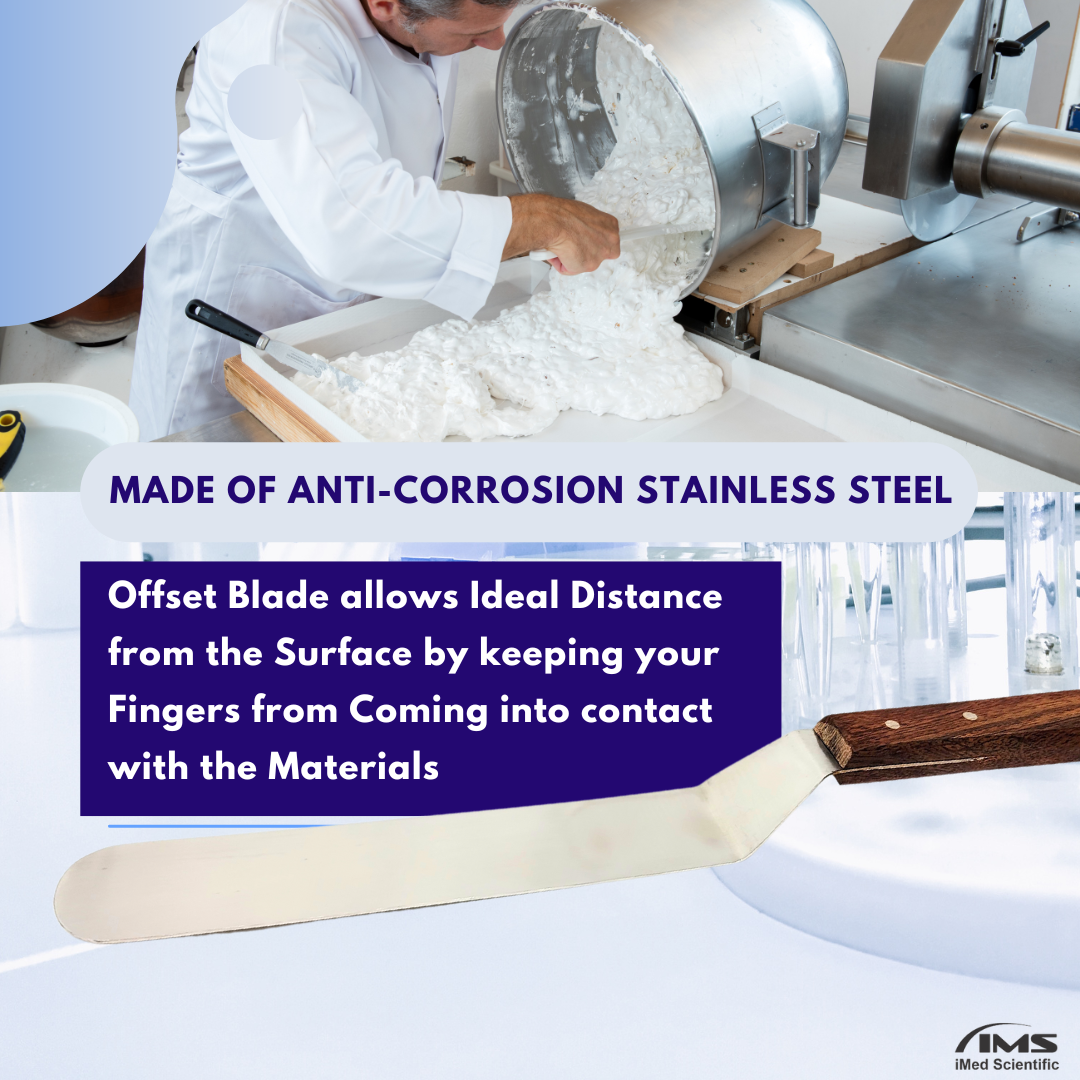 Stainless Steel Lab Spatula with Wooden Handle, 8" Offset Bayonet Blade, 12" Total Length