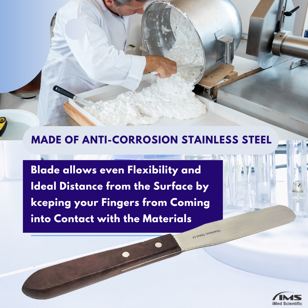 IMS-WHS4 Stainless Steel Lab Spatula with Wooden Handle, 4" Blade, 0.62" Blade Width, 8" Total Length