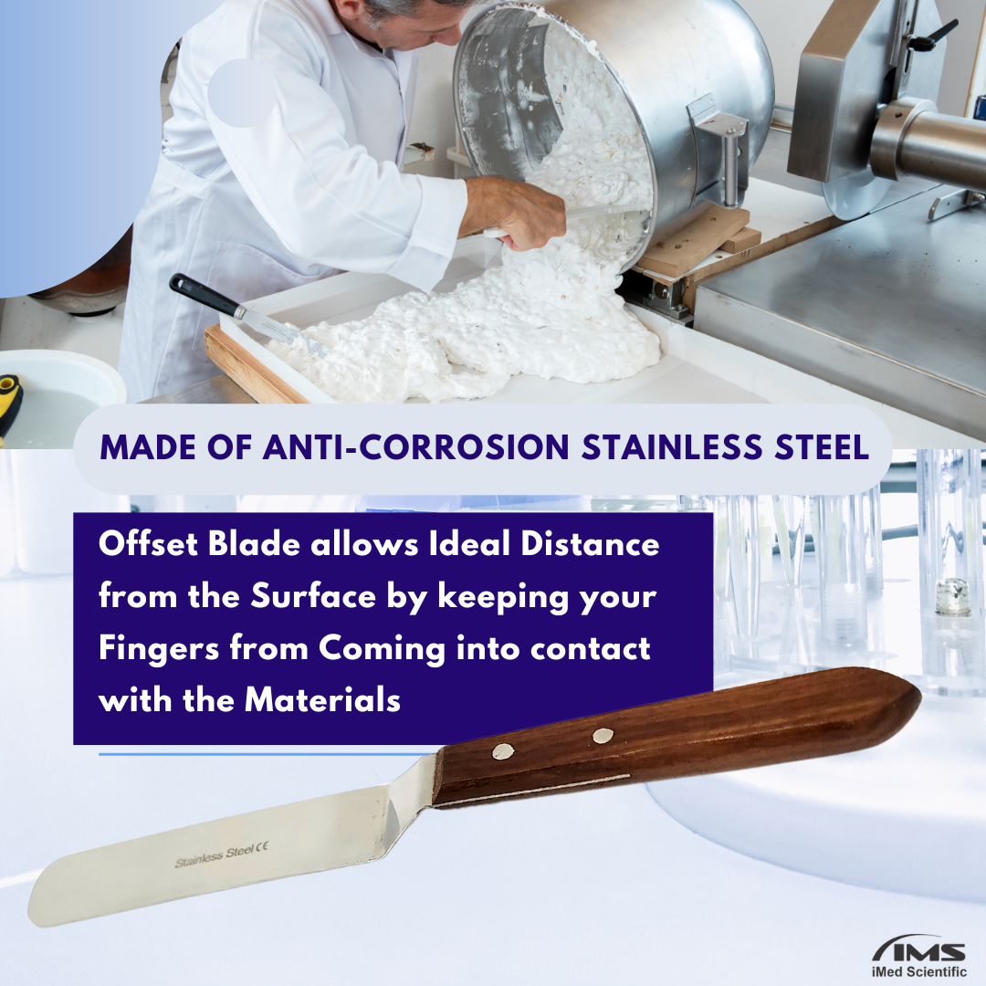 Stainless Steel Lab Spatula with Wooden Handle, 5" Offset Bayonet Blade, 9" Total Length