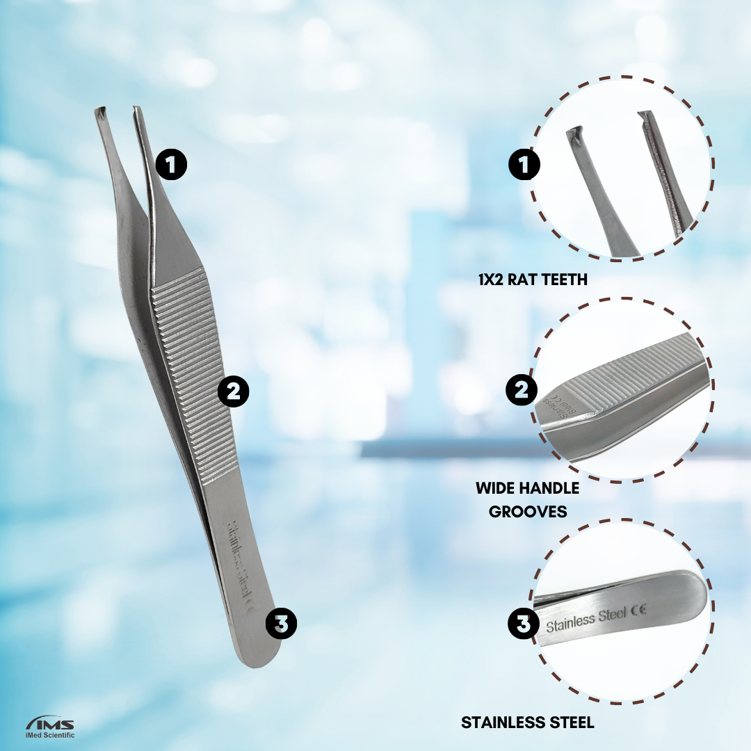 Adson Kocher Tissue Dressing Forceps with 1x2Teeth & Serrations 4.75" Tweezers, Stainless Steel