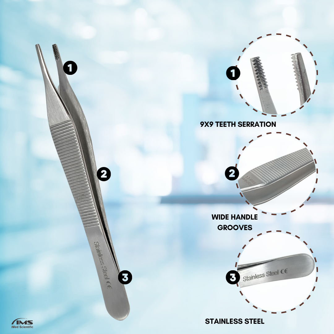 Adson Brown Forceps 9x9Teeth, 4.75" Straight Tweezers, Stainless Steel