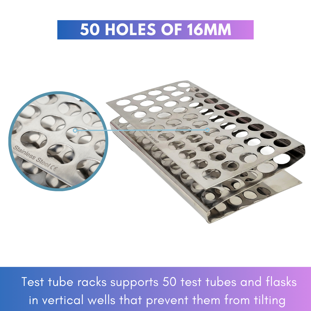 Test Tube Rack Holder with 50 Holes Vents Z Shaped Pipe Stand For 16mm Tubes, Stainless Steel