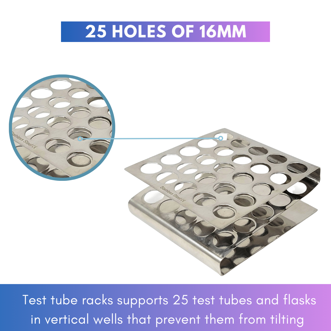 Test Tube Rack Holder with 25 Holes Vents Z Shaped Pipe Stand For 16mm Tubes, Stainless Steel