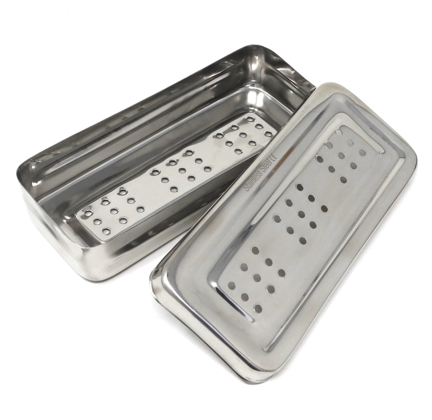 Stainless Steel Medical Sterilizer Box Instrument Organizer Storage Disinfection Tray with Lid and Holes - 6.75L x 3W x 1.25H