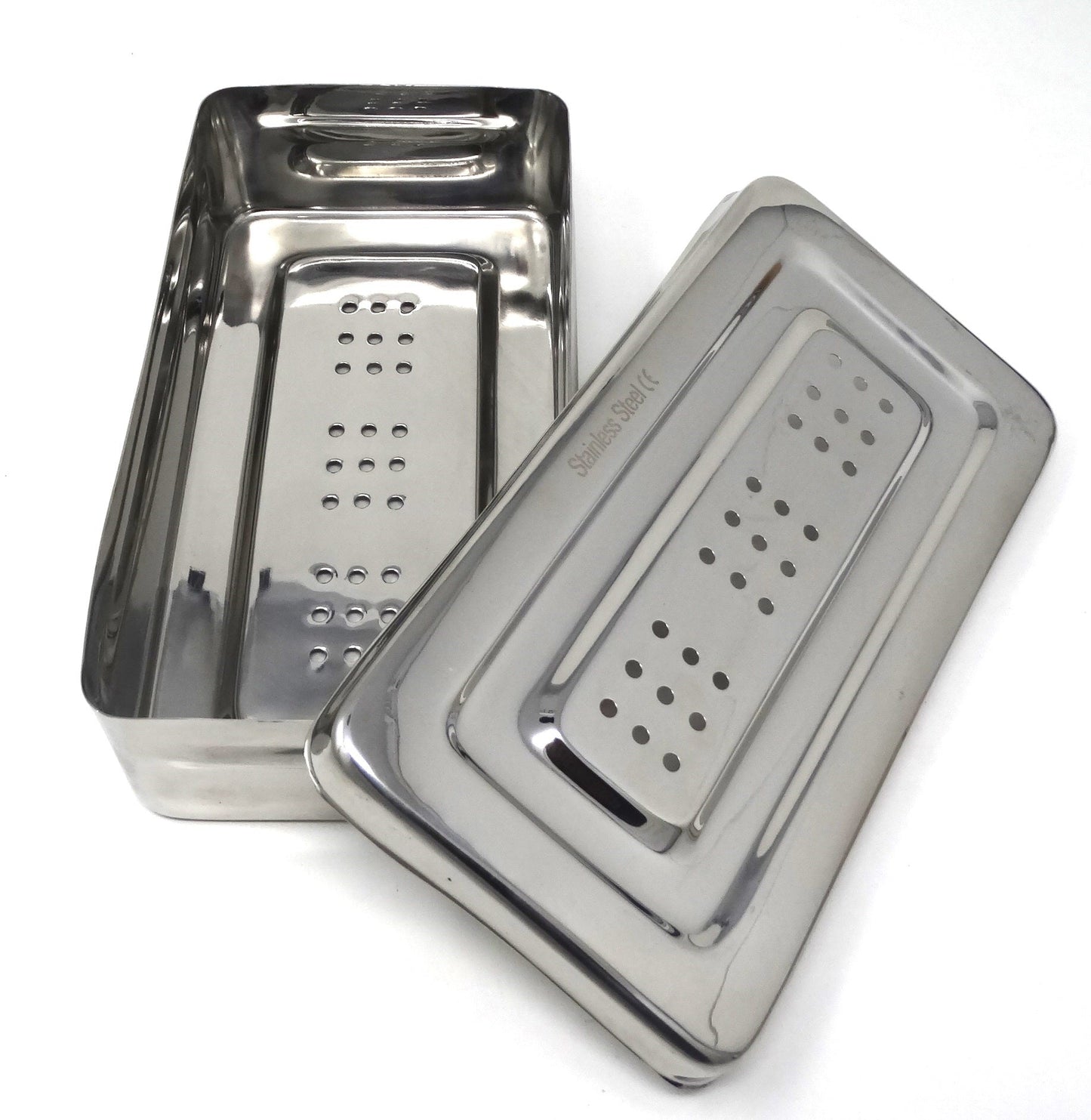 Stainless Steel Medical Sterilizer Box Instrument Organizer Perforated Storage Tray with Lid - 8L x 4W x 1.5H