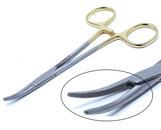 Gold Handle Mosquito Hemostat Forceps 5" Curved, Premium