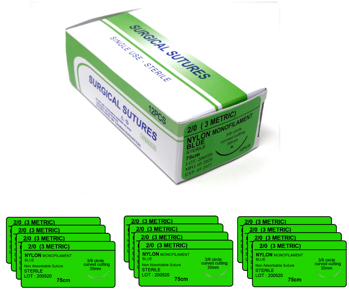 2/0 Nylon Surgical Sutures 12/pk Sterile Blue Braided Non-Absorbable with Needle