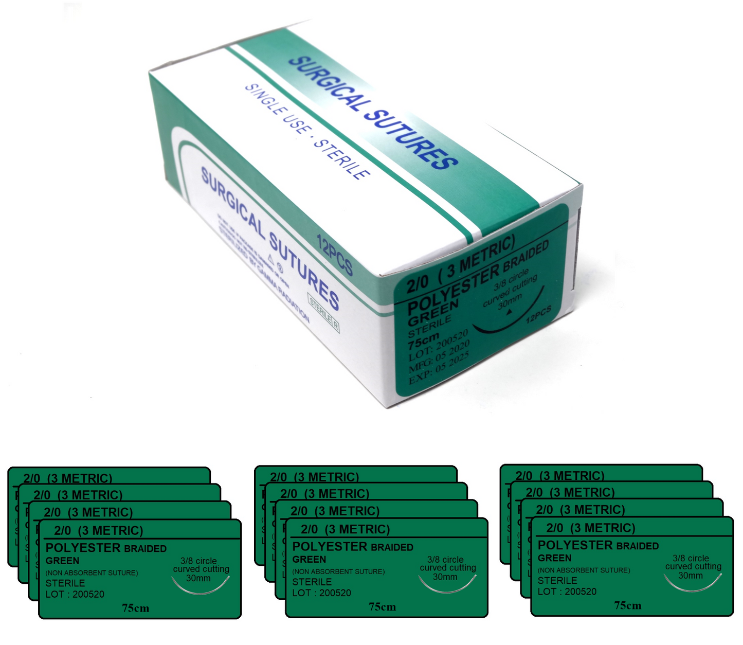 2/0 Polypropylene Surgical Sutures 12/pk Sterile Blue Braided Non-Absorbable with Needle