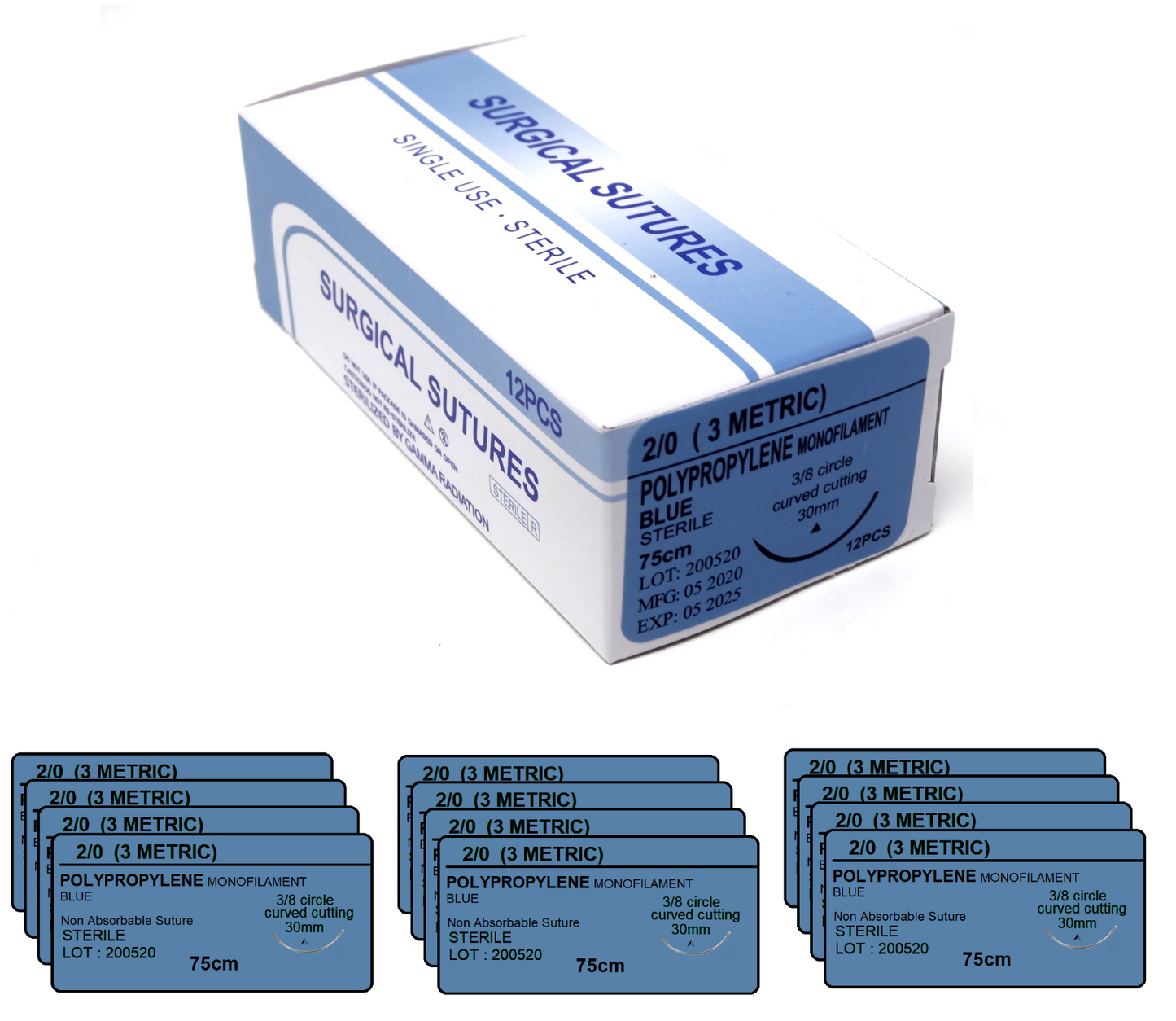 2/0 Polyester Surgical Sutures 12/pk Sterile Green Braided Non-Absorbable with Needle