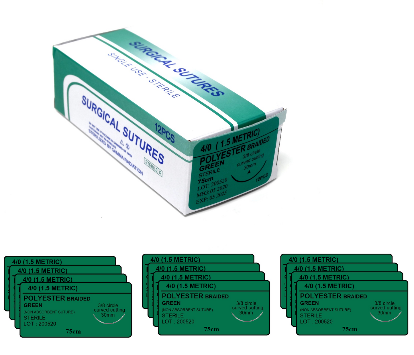 4/0 Polypropylene Surgical Sutures 12/pk Sterile Blue Braided Non-Absorbable with Needle