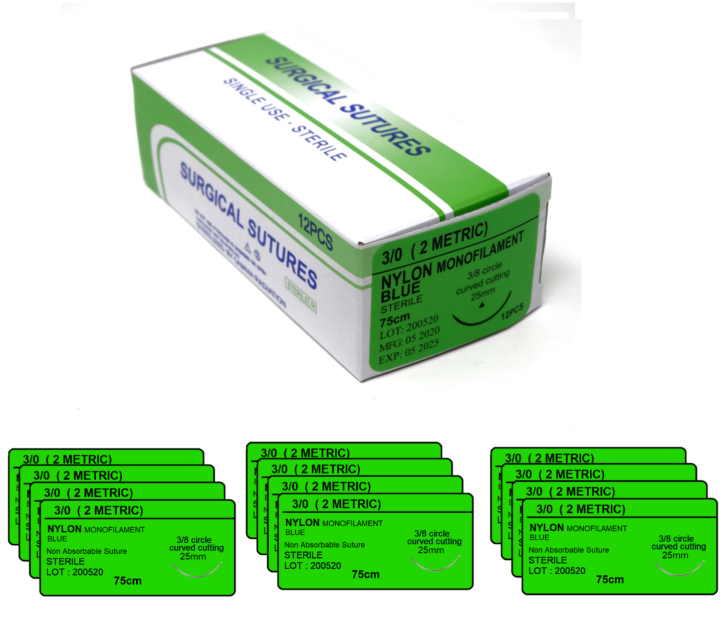 3/0 Nylon Surgical Sutures 12/pk Sterile Blue Braided Non-Absorbable with Needle