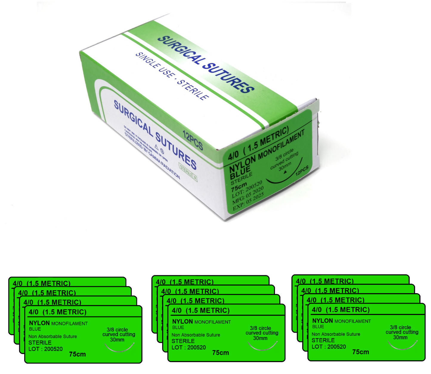 4/0 Nylon Surgical Sutures 12/pk Sterile Blue Braided Non-Absorbable with Needle