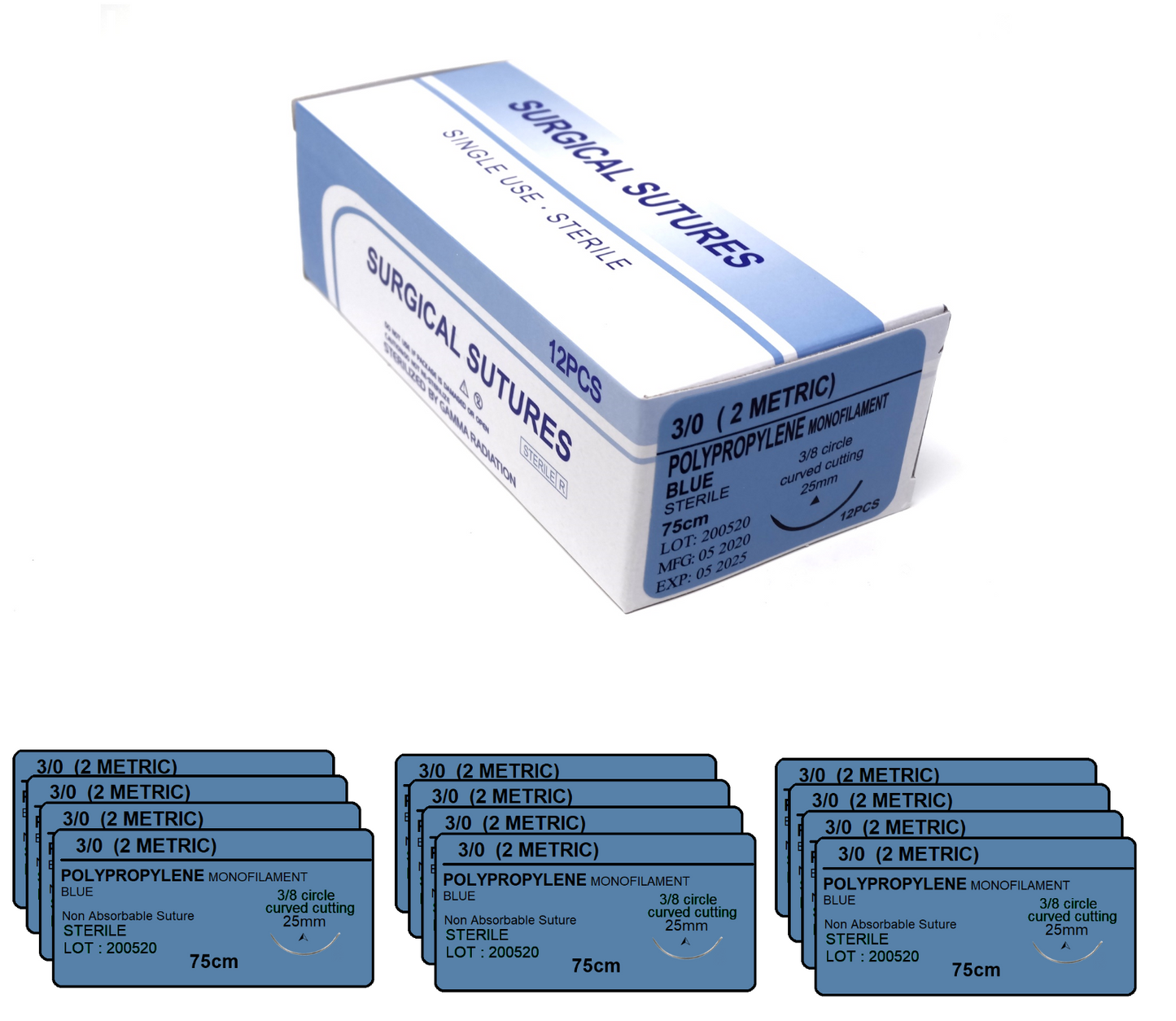 3/0 Polyester Surgical Sutures 12/pk Sterile Green Braided Non-Absorbable with Needle