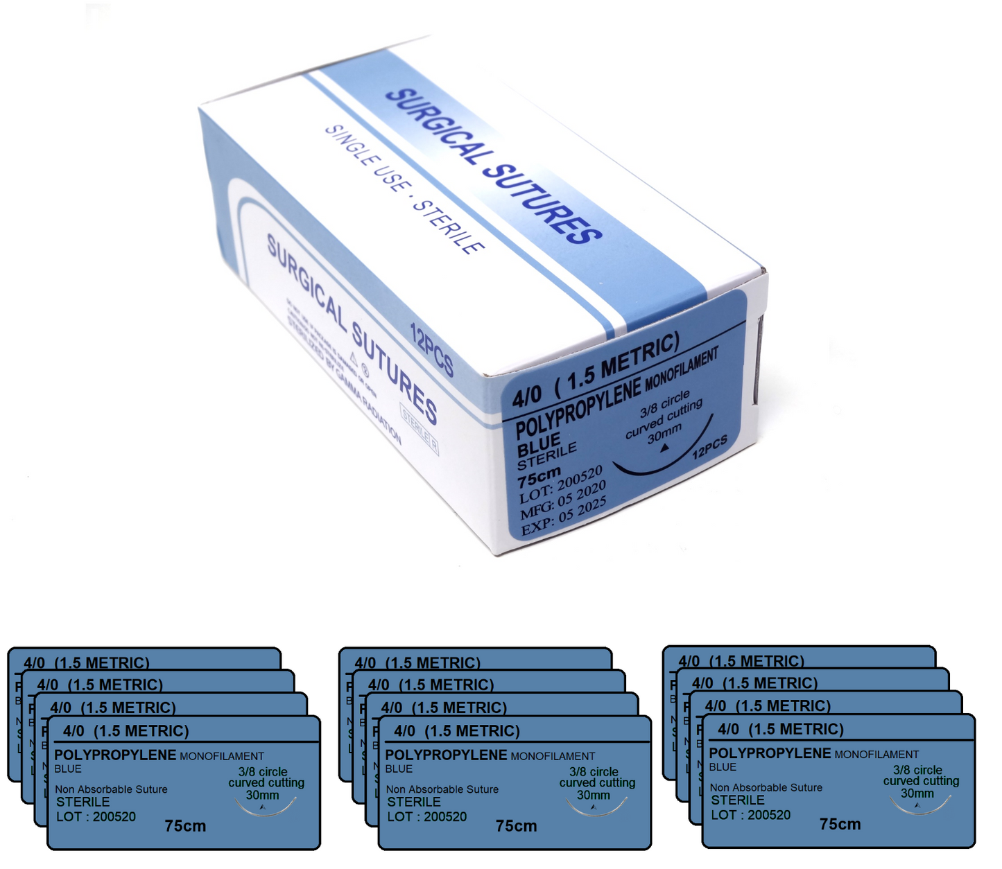 4/0 Polyester Surgical Sutures 12/pk Sterile Green Braided Non-Absorbable with Needle