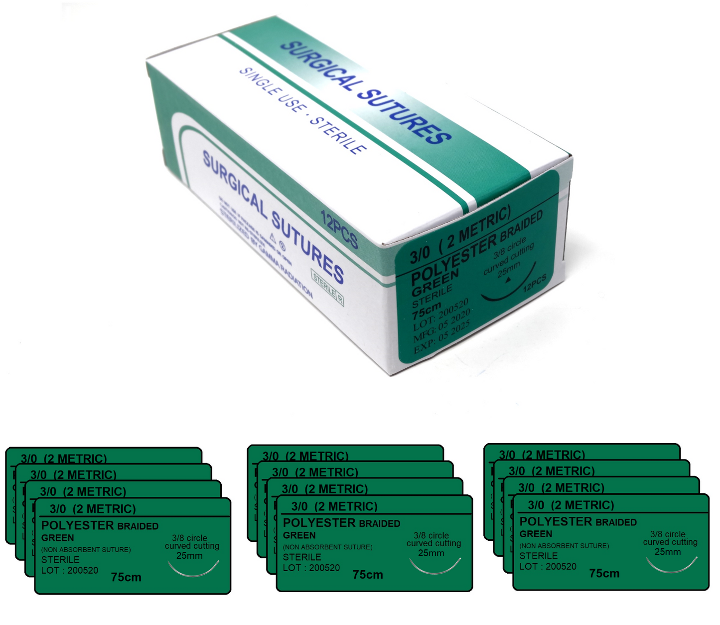 3/0 Polypropylene Surgical Sutures 12/pk Sterile Blue Braided Non-Absorbable with Needle