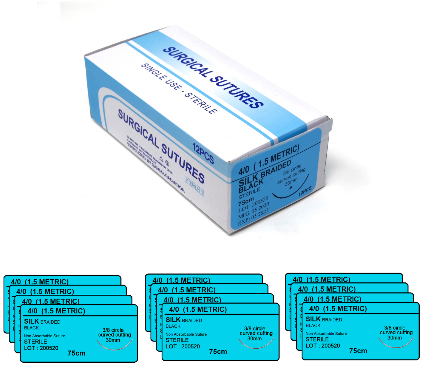 4/0 Silk Surgical Sutures 12/pk Sterile Black Braided Non-Absorbable with Needle