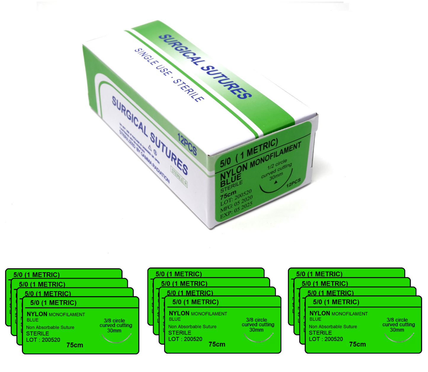 5/0 Nylon Surgical Sutures 12/pk Sterile Blue Braided Non-Absorbable with Needle
