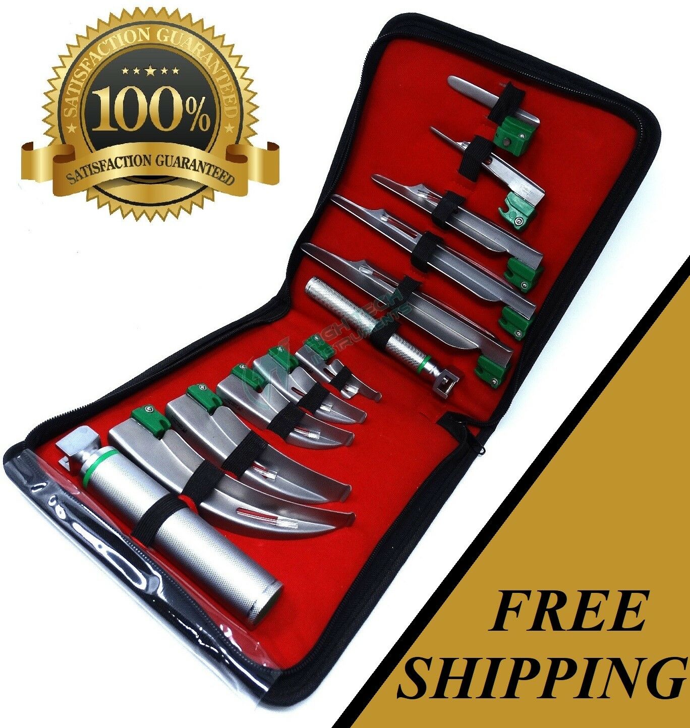 Set of 12 Pcs Fiber Optic Mac & Miller Laryngoscope Blades & Handle Intubation Kit