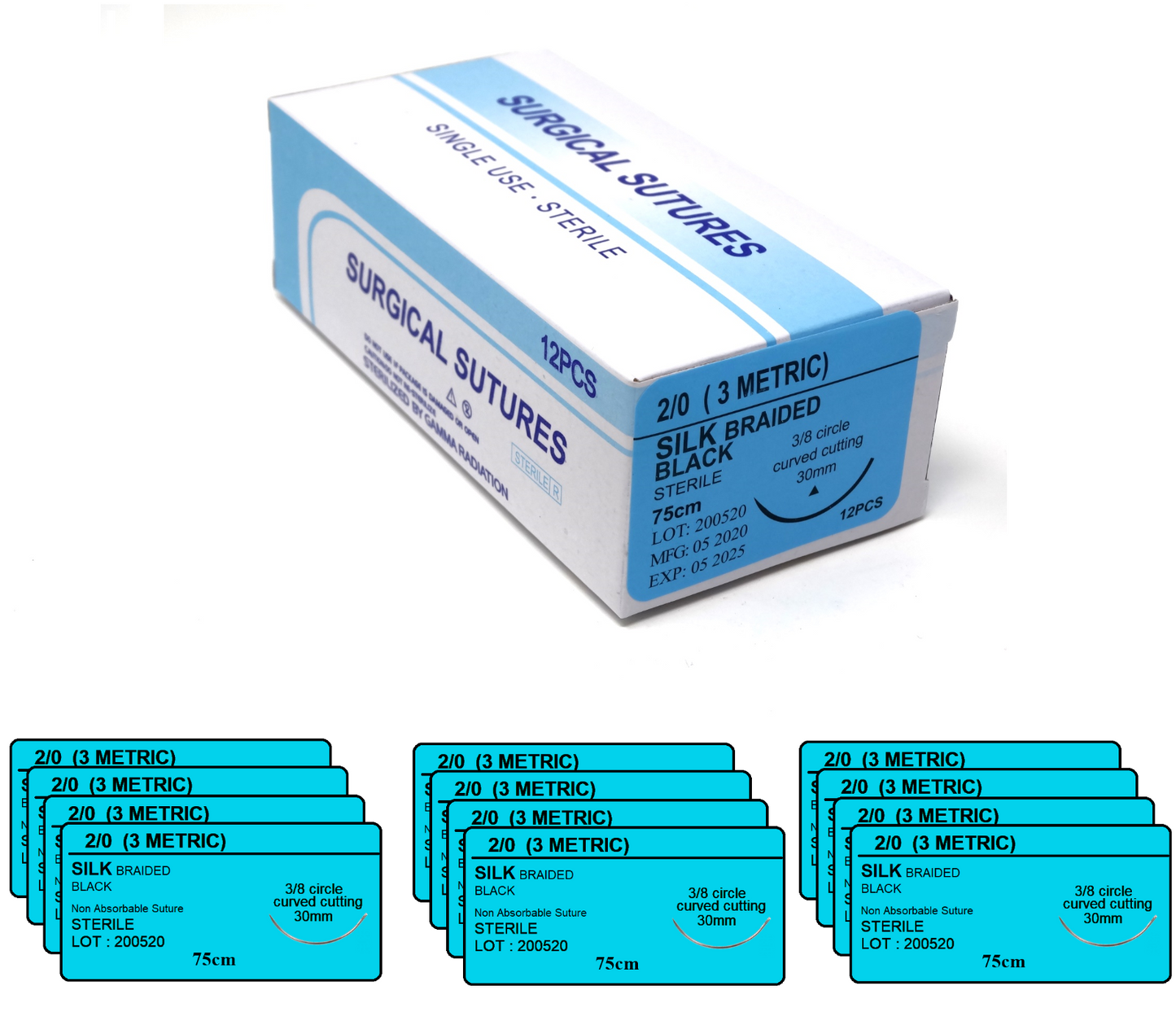 2/0 Silk Surgical Sutures 12/pk Sterile Black Braided Non-Absorbable with Needle