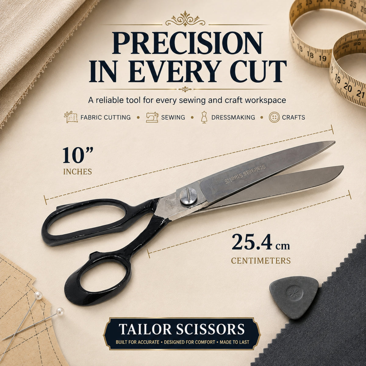 Fabric Scissors Tailor Sewing Shears 10-Inch Heavy-Duty Stainless Steel, Black Handle