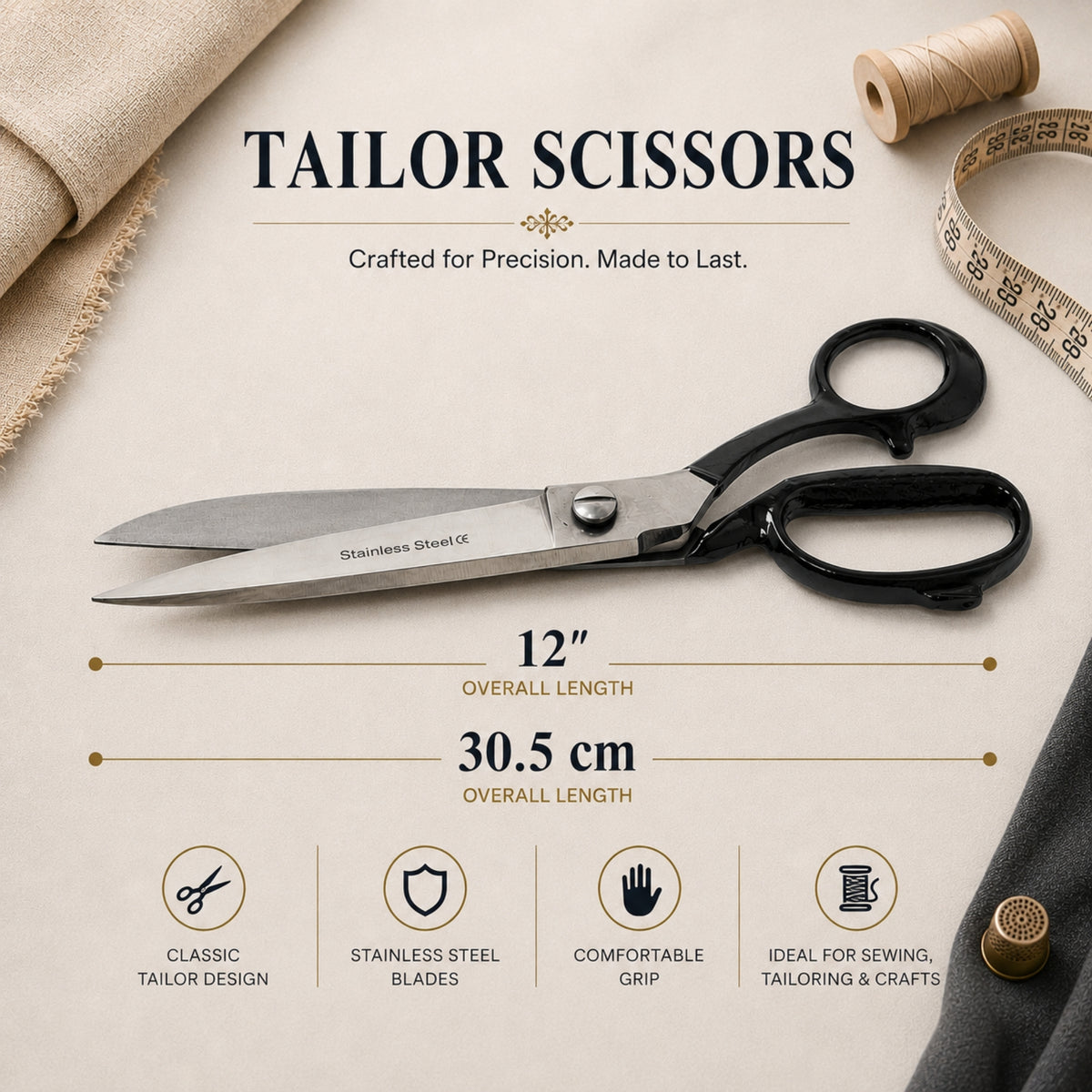 Fabric Scissors Tailor Sewing Shears 12-Inch Heavy-Duty Stainless Steel, Black Handle
