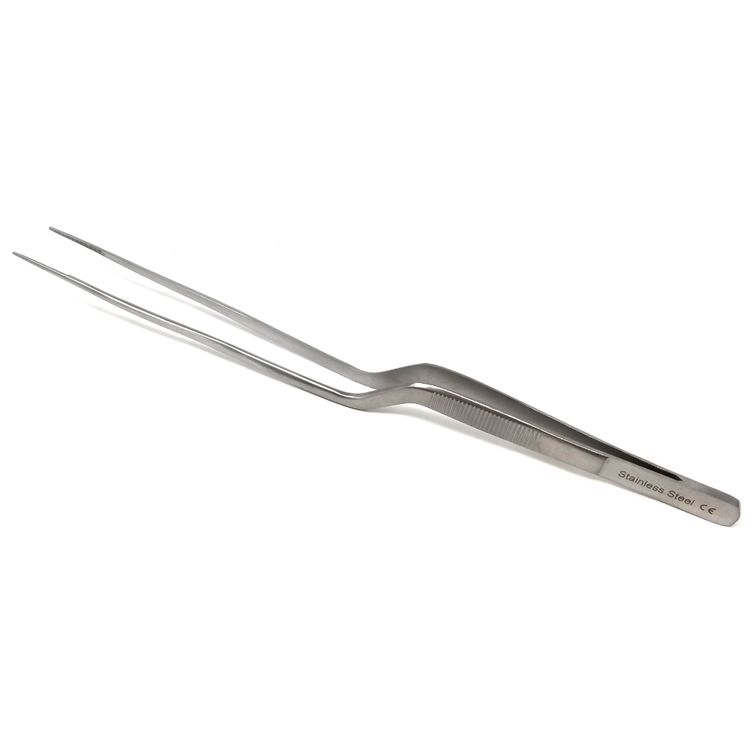 Stainless Steel Micro Surgical Forceps Offset Bayonet Handle Fine Serrated Points Lab Tweezers 10"