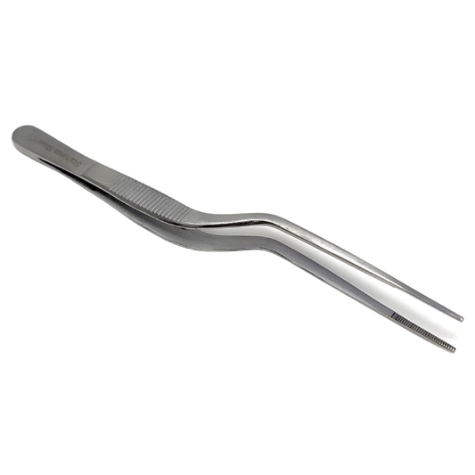 Stainless Steel Micro Surgical Forceps Offset Bayonet Handle Fine Serrated Points Lab Tweezers 6.25"