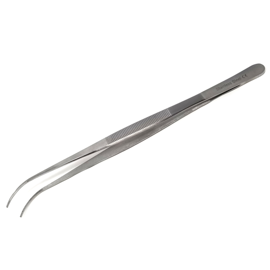 Stainless Steel Micro Surgical Forceps Curved Fine Serrated Points Lab Tweezers 12"