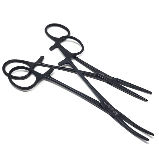 Set of 2 Pcs Tactical Kelly Hemostat Forceps 5.5" (14cm) Straight & Curved with Half Serrated Jaws