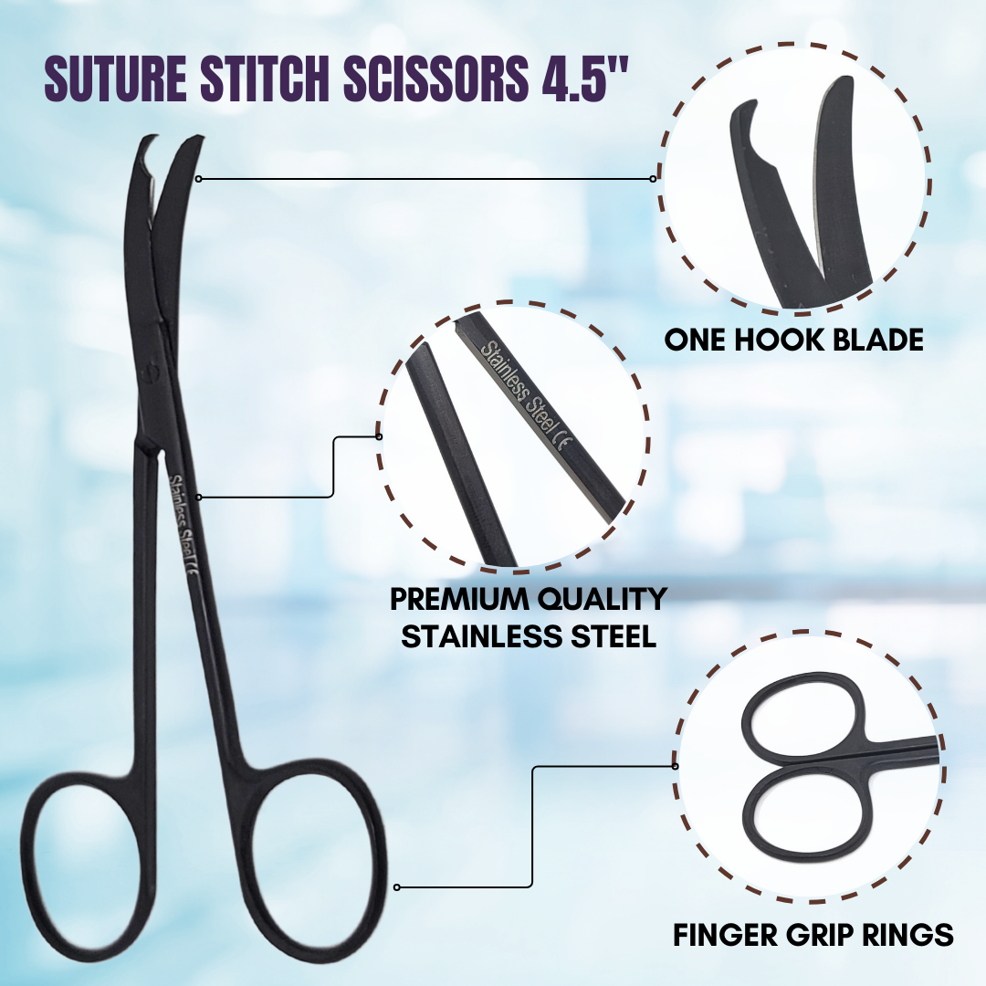 Northbend Suture Stitch Scissors Curved 4.5" Stainless Steel Shears, Tactical Black