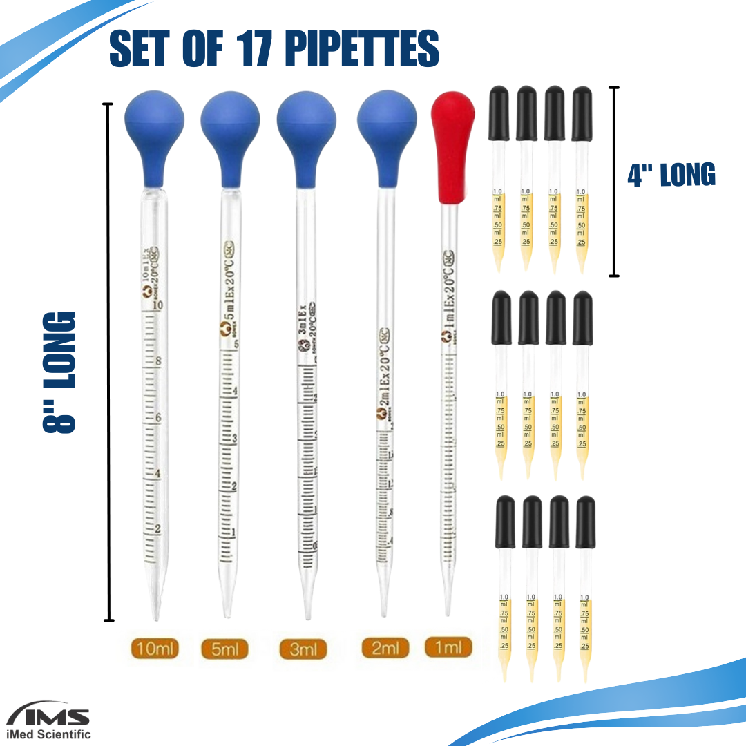 Glass Pipettes Graduated Droppers Set of 17 Pcs with Rubber Heads Lab Pipettors Droppers for Liquid & Essential Oils