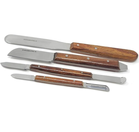 4 Pcs Stainless Steel Fahenstock Dental Lab Mixing Spatulas, Wood Handle