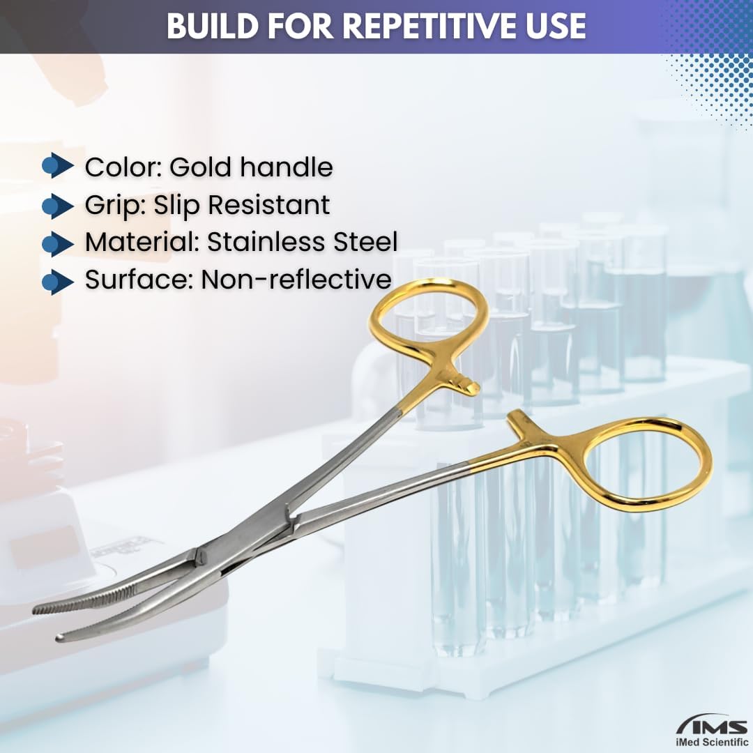 Kelly Rankin Hemostatic Forceps 5.5" Curved, Stainless Steel, Gold Handle