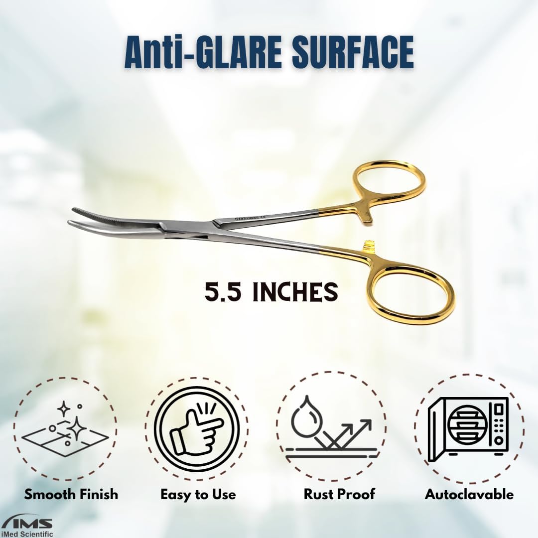 Kelly Rankin Hemostatic Forceps 5.5" Curved, Stainless Steel, Gold Handle