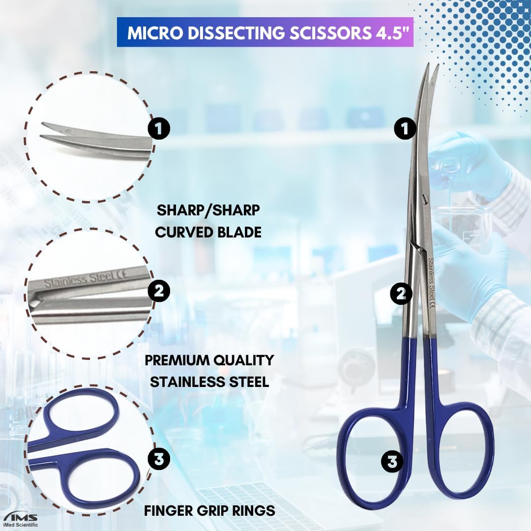 Micro IRIS Dissecting Scissors 4.5", Curve, Stainless Steel, Blue Handle