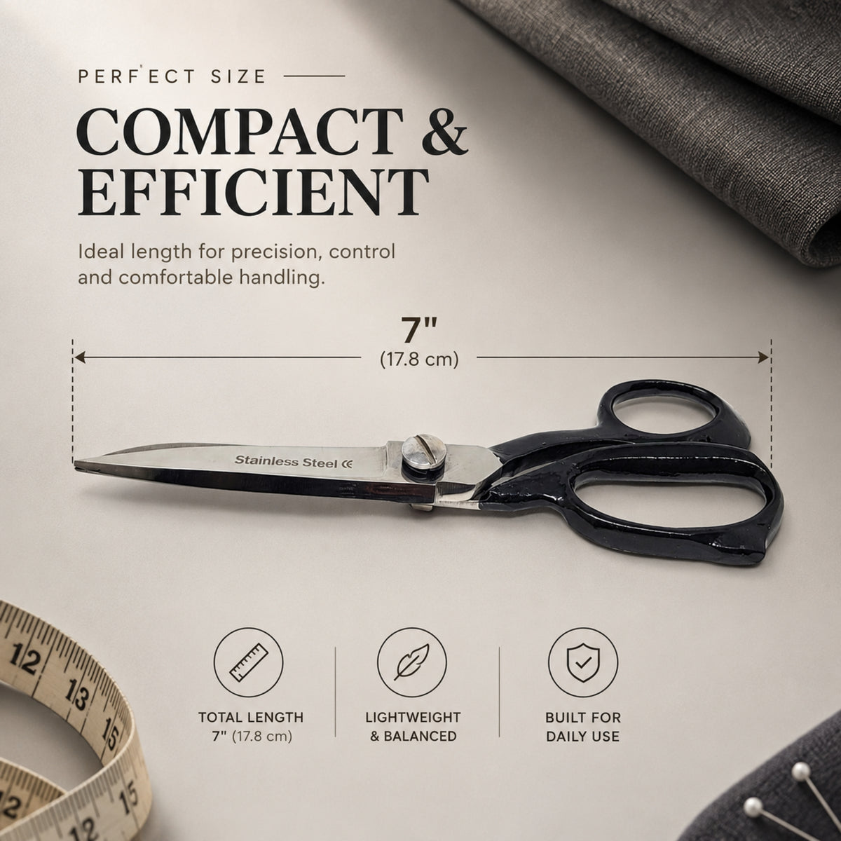 Fabric Scissors Tailor Sewing Shears 7-Inch Heavy-Duty Stainless Steel, Black Handle