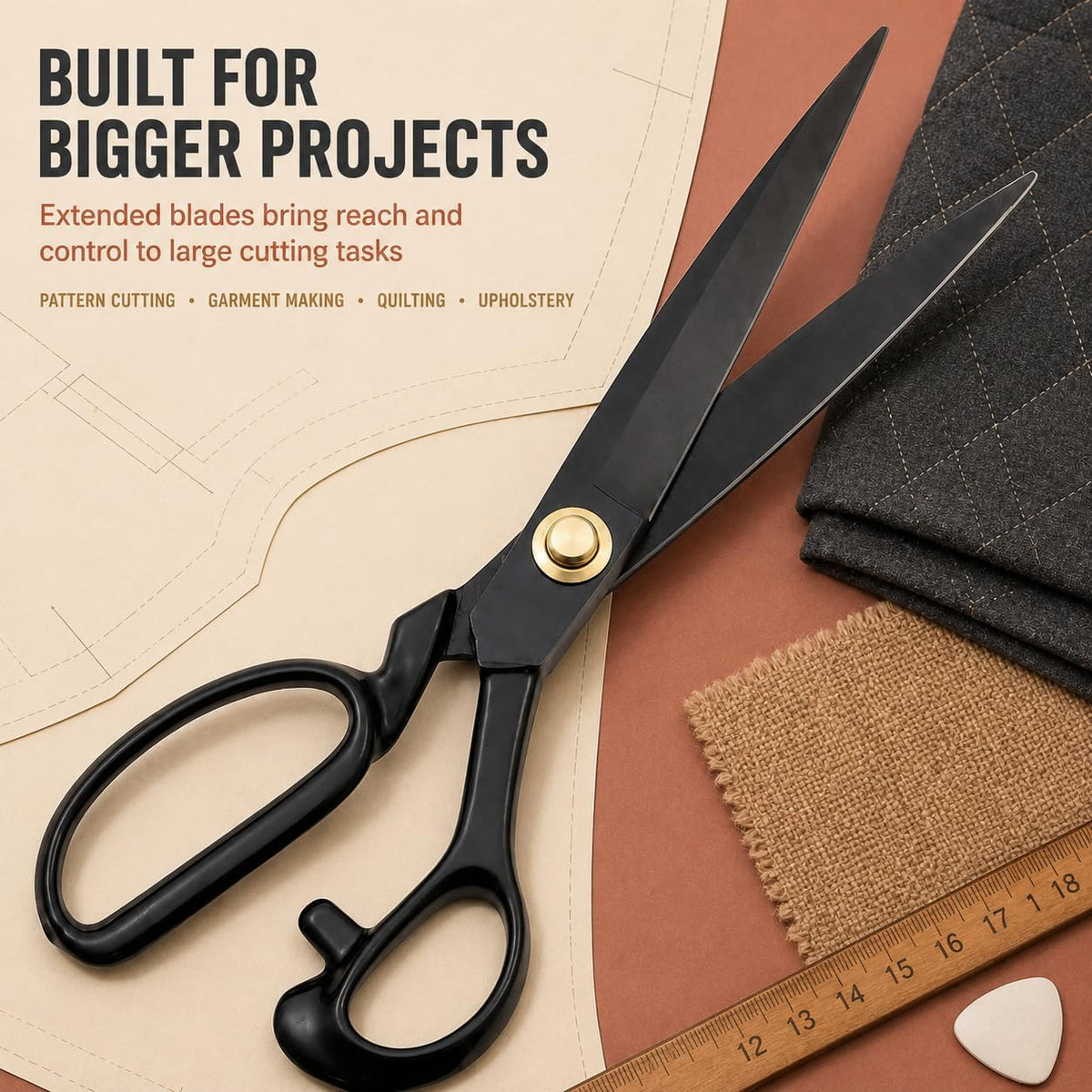 Black Tailor Scissors 10”, Heavy Duty Fabric Dressmaking Sewing Shears, High Carbon Steel