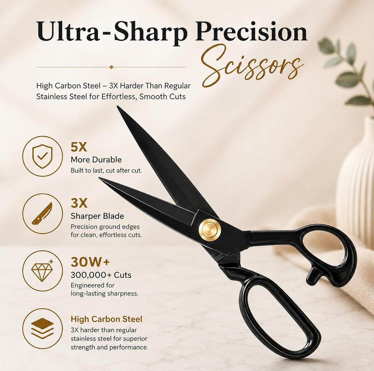 Black Tailor Scissors 8”, Heavy Duty Fabric Dressmaking Sewing Shears, High Carbon Steel