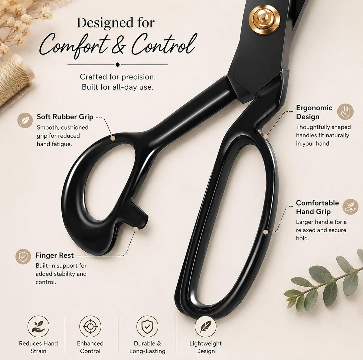 Black Tailor Scissors 8”, Heavy Duty Fabric Dressmaking Sewing Shears, High Carbon Steel