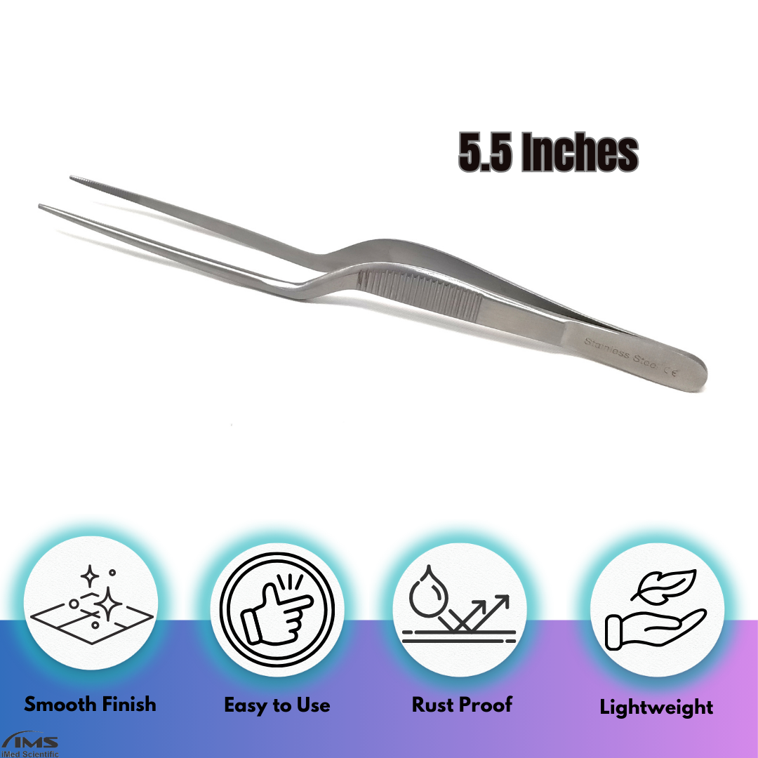 Stainless Steel Micro Surgical Forceps Offset Bayonet Handle Fine Serrated Points Lab Tweezers 5.5"