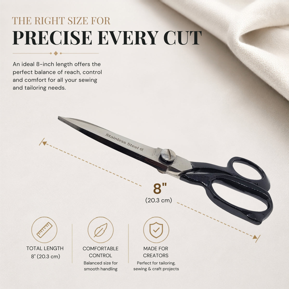 Fabric Scissors Tailor Sewing Shears 8-Inch Heavy-Duty Stainless Steel, Black Handle